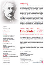 Einladung zum Einsteintag mit Infos zum Programm und links oben ein Portait von Albert Einstein